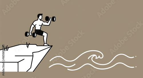 Conceptual illustration of a strong man with dumbbells on a cliff, facing the challenge of the open water
