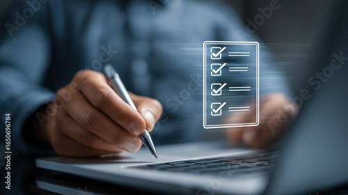 Future Virtual Office: Digital Document Checklist Floating Above Laptop, Business Technology and Online Forms Concept for Metaverse Workspace