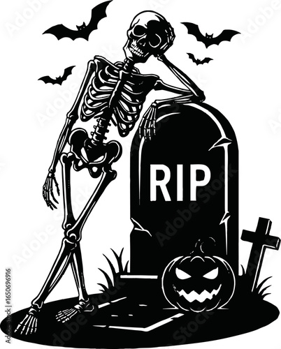 A skeleton casually leans on a tombstone with a jack-o'-lantern and bats.