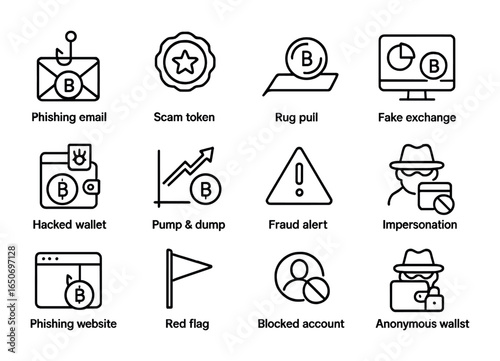 Crypto Fraud Icons. Outline icon set of crypto fraud and risks: phishing email, scam token, rug pull, fake