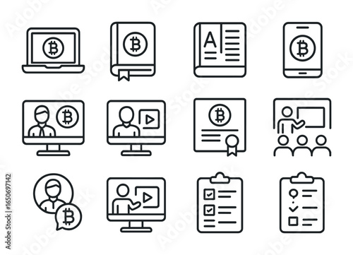 Crypto Education Icons. Outline icon set of crypto education: online course, blockchain book, crypto glossary,