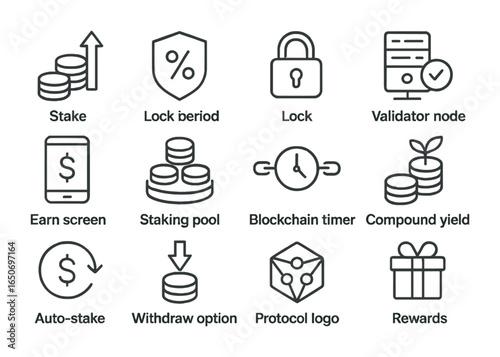 Staking Platforms Icon Set. Outline icon set of staking platforms: stake icon, APY badge, lock period,