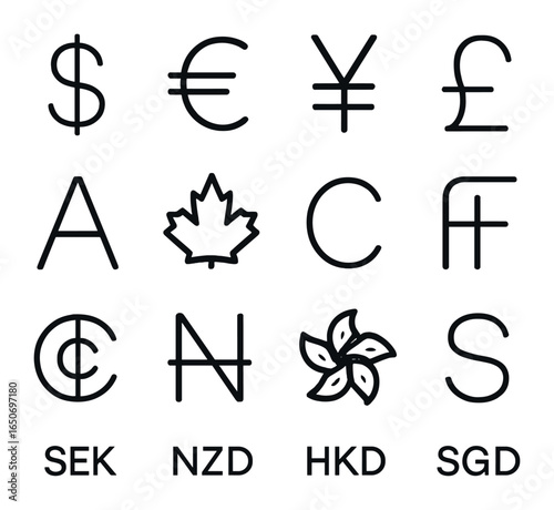 Global Currency Icons. Outline icon set of global currencies: USD, EUR, JPY, GBP, AUD, CAD, CNY, CHF, SEK, NZD