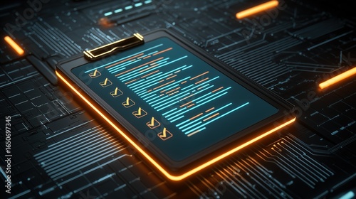 Futuristic Digital Clipboard with Code and Checkmark for Mobile App Development Success in AI and Business | Abstract Tech Circuit Design