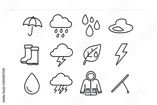 Rainy Weather Icons. Outline icon set of rainy weather: umbrella, rain cloud, raindrops, puddle, rain boots,