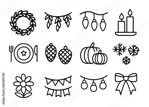 Seasonal Decor Icons. Outline icon set of seasonal decor: wreath, garland, fairy lights, candles, themed
