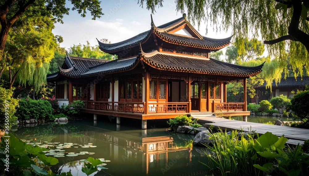 Obraz premium Tranquil wooden pavilion on a pond, nestled within lush greenery, reflecting in still water