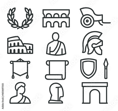 Roman Empire Icons. Outline icon set of Roman Empire: laurel wreath, aqueduct, chariot, coliseum, toga, helmet