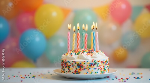 Celebration Cake with Lit Candles and Colorful Balloons Backdrop