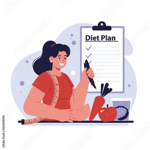Conceptual illustration of a happy woman on a journey to wellness, following a healthy nutrition plan with fresh vegetables and fruits