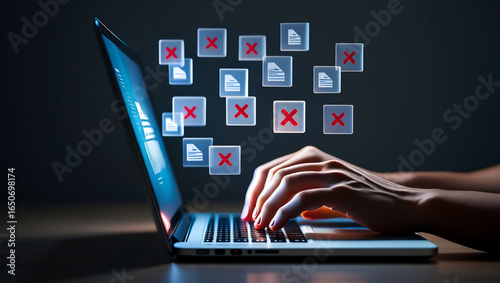 Person typing on laptop with digital files and red X symbols floating above data entry computer