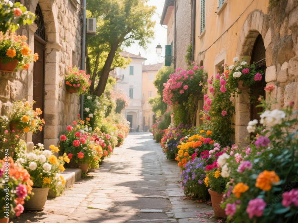 Naklejka premium Beautiful narrow European alley with cobblestone path, stone houses, and colorful flowers in pots. Perfect for tourism campaigns, travel blogs, postcards, and lifestyle magazines showcasing romantic
