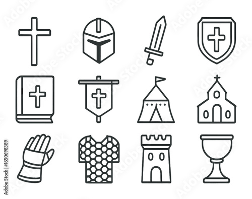 Crusades Icon Set. Outline icon set of the Crusades: cross, knight helmet, sword, shield, holy book, banner,