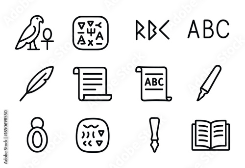 Ancient Alphabet Icons. Outline icon set of ancient scripts: hieroglyph, cuneiform tablet, runes, Latin