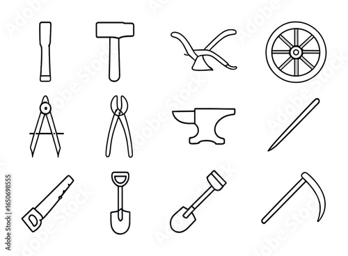 Historical Tools Icons. Outline icon set of historical tools: chisel, hammer, plow, wheel, compass, tongs,