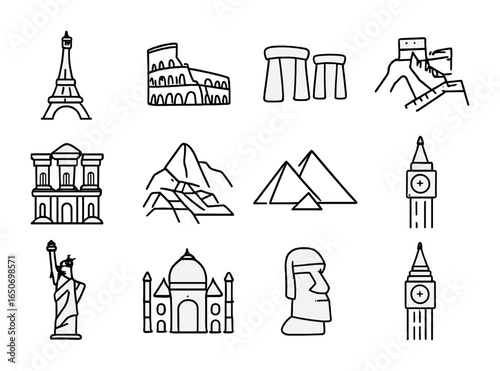 Historical Monuments Icons. Outline icon set of historical monuments: Eiffel Tower, Colosseum, Stonehenge,