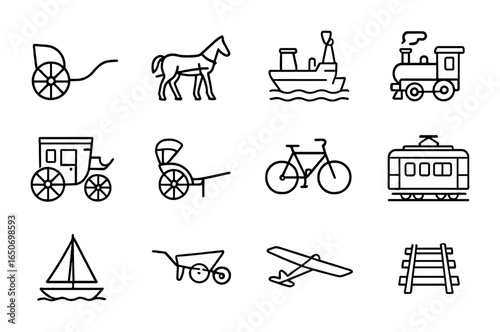 Historical Transport Icons. Outline icon set of historical transportation: chariot, horse cart, ship, steam