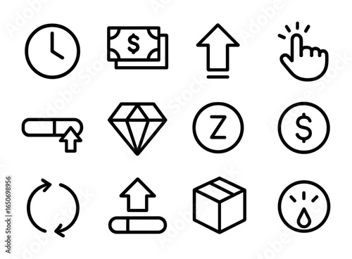 Idle Game Icons. Outline icon set of idle games: clock, money stack, upgrade icon, auto-clicker, timer bar,