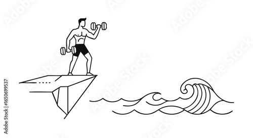 Line Art Muscular Man Exercising with Dumbbells on a Cliff Edge with Ocean Waves