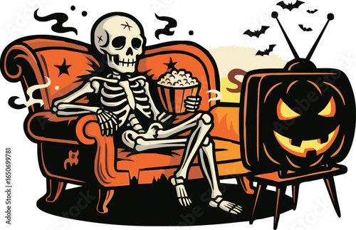 Skeleton watching TV on a couch with popcorn during Halloween.