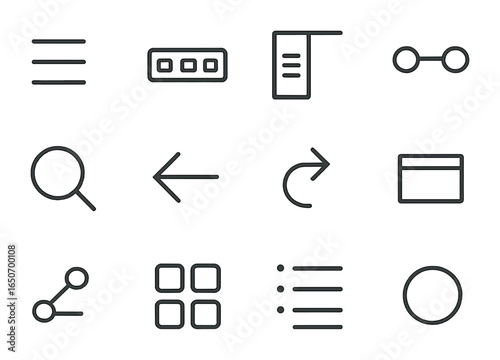 Navigation Icon Set. Outline icon set of navigation patterns: hamburger menu, bottom nav, sidebar nav,