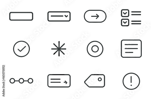 Form Design Icons. Outline icon set of form design: text input, dropdown field, form submit, checkbox group,