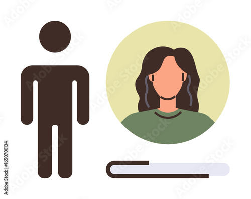 Person outlined beside avatar in green circle and profile progress bar. Ideal for user profile setup, account creation, identity verification, onboarding, login systems, personal data, simple flat