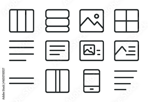 Content Layout Icons. Outline icon set of content layout: column layout, card stack, image block, content grid