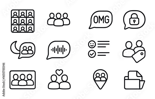 Group Chat Icons. Outline icon set of group chats and friend circles: avatar grid, group icon, “omg” bubble,