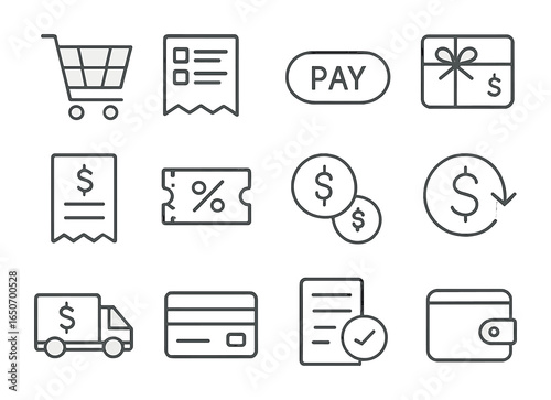 E-commerce Icon Set. Outline icon set of e-commerce payments: shopping cart, order summary, pay button, gift