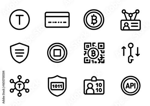 Tokenization Icon Set. Outline icon set of tokenization in finance: token icon, card number mask, digital coin