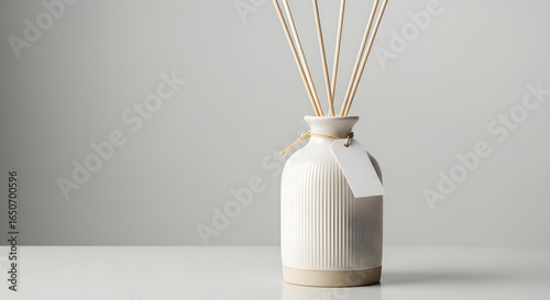 Obraz na płótnie White ceramic diffuser with wooden reeds and blank tag