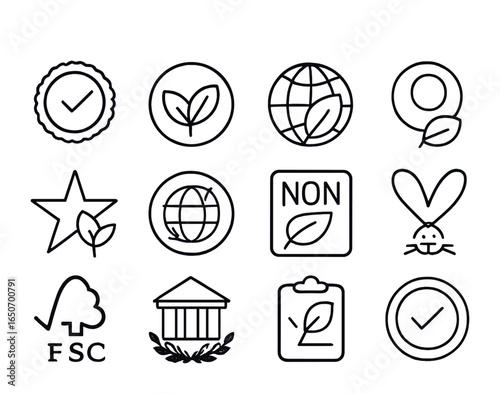 Eco Certification Icons. Outline icon set of eco certifications and labels: green seal, organic badge, carbon