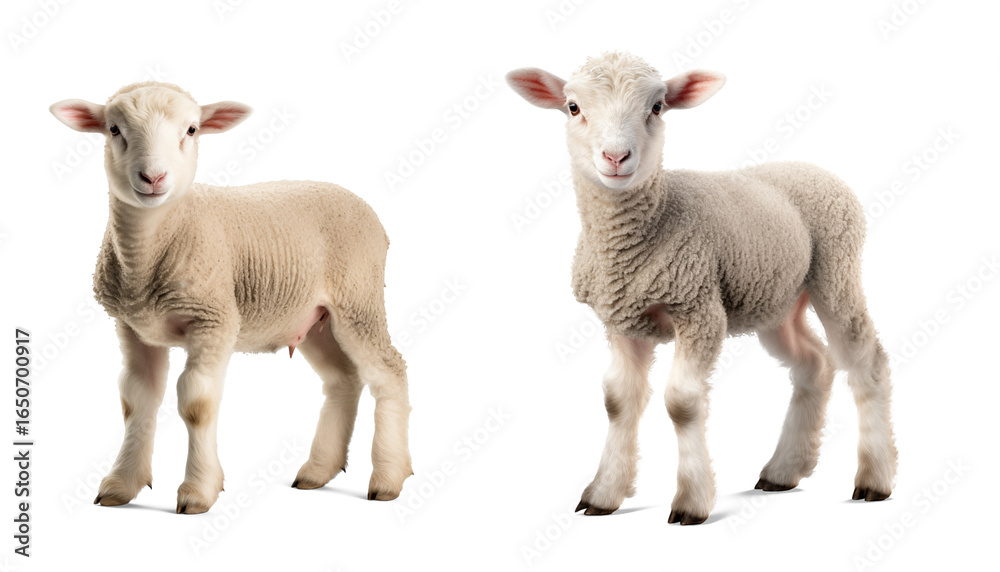 Fototapeta premium Pair of Lambs: Two adorable lambs stand facing the viewer, their fluffy coats and innocent expressions, in a charming studio shot.