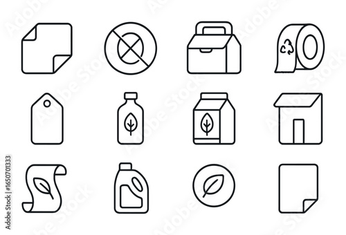Eco Packaging Icons. Outline icon set of eco packaging: paper wrap, no plastic icon, reusable box, recycled