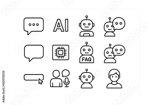 AI Chatbot Icon Set. Outline icon set of AI chatbots: dialogue box, text AI, virtual assistant, chatbot face,