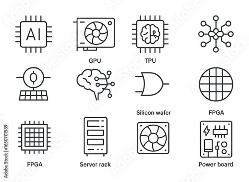 AI Hardware Icon Set. Outline icon set of AI hardware: AI chip, GPU, TPU, neural engine, quantum processor, AI
