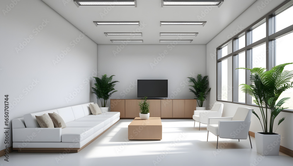 Fototapeta premium Modern and Minimalist Office Lounge or Waiting Room, Clean Interior Design with Plants and Natural Light 