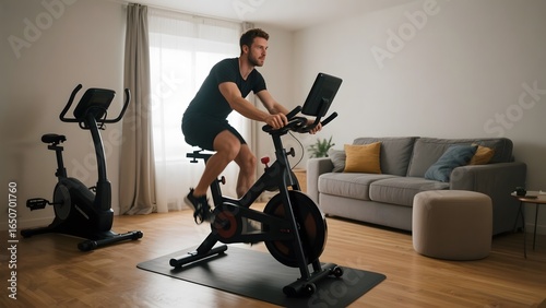 Man exercising on a stationary bike in a modern living room