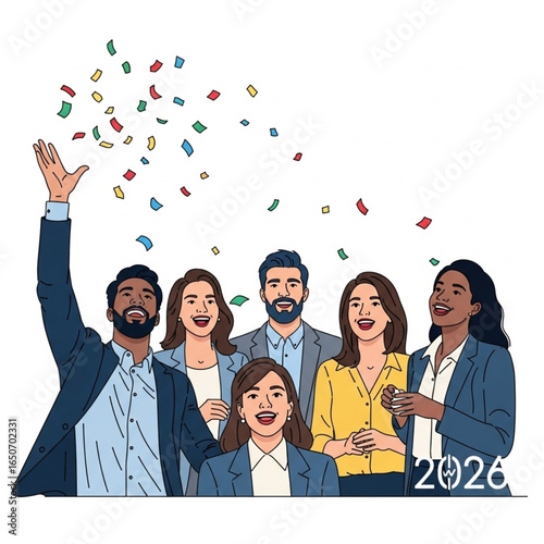 Excited diverse business team celebrating success with confetti vector illustration