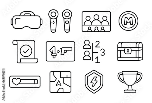 Metaverse Gaming Icons. Outline icon set of metaverse gaming: VR headset icon, motion controllers, multiplayer