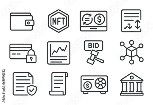 Blockchain Icons Collection. Outline icon set of blockchain transactions in metaverse: crypto wallet, NFT