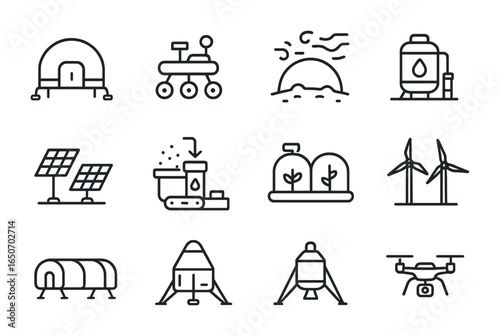 Mars Colony Icon Set. Outline icon set of Mars colony: pressurized habitat, Mars rover, dust storm shield,