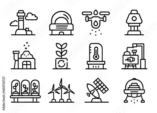 Planetary Terraforming Icons. Outline icon set of planetary terraforming: climate control tower, atmosphere