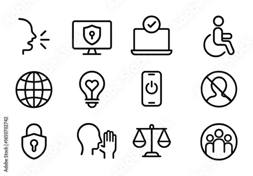 Technology and Human Rights Icons. Outline icon set of technology and human rights: freedom of speech symbol,