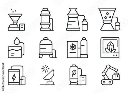 Space Resource Icons. Outline icon set of space resource processing: ore smelter, fuel refinery, water