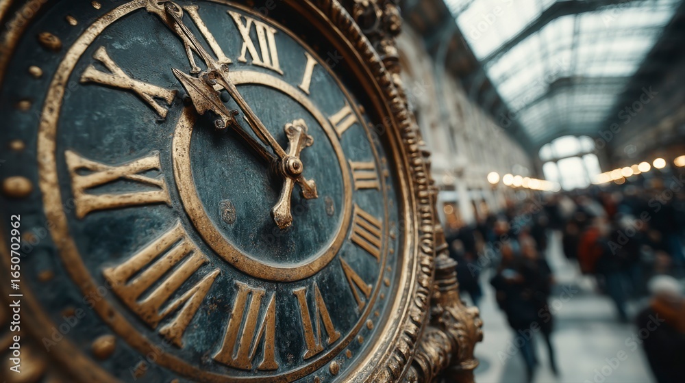 Fototapeta premium Extreme Close-Up of Antique Ornamental Clock with Roman Numerals