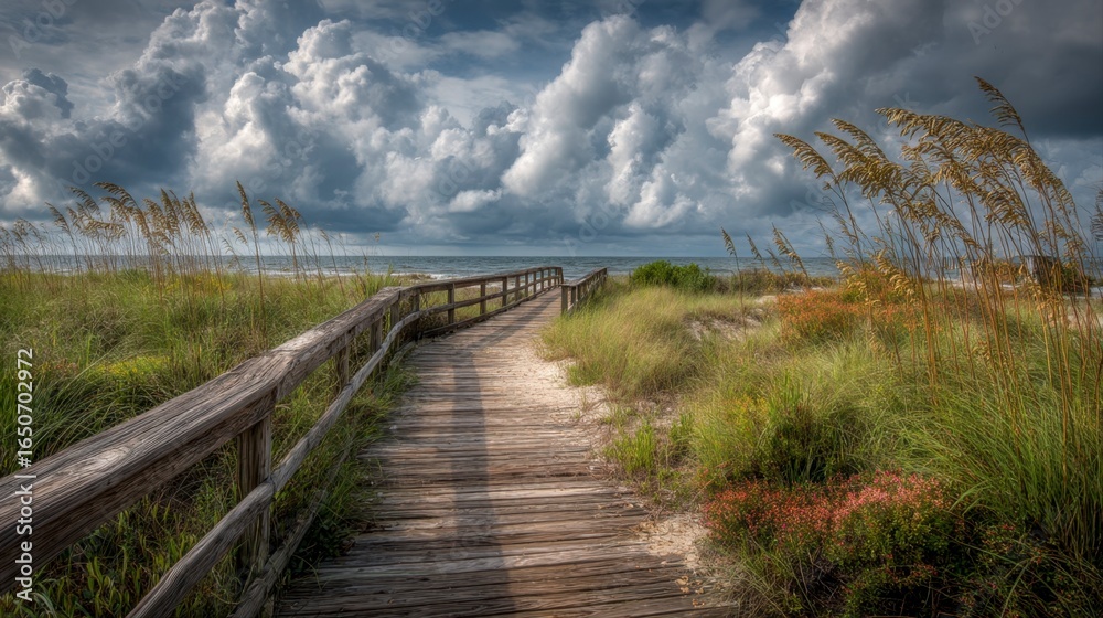 Fototapeta premium Weathered Wooden Boardwalk Stretching Toward Horizon Under Clouds