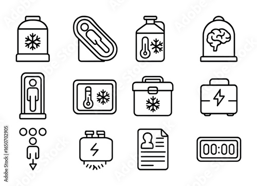 Cryonics Technology Icons. Outline icon set of cryonics technology: cryonic storage tank, preservation capsule