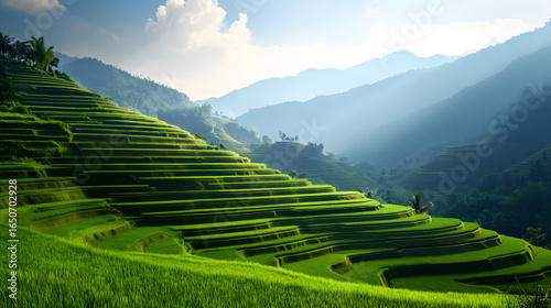 Sunlit Terraced Rice Fields Nestled in Rolling Mountains